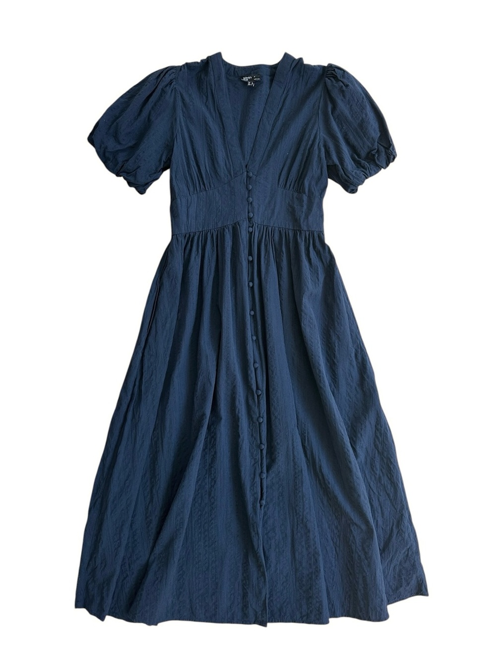 Nobody’s Child Navy Blue Puff Sleeve Button Front V Neck Midi Dress with Pockets